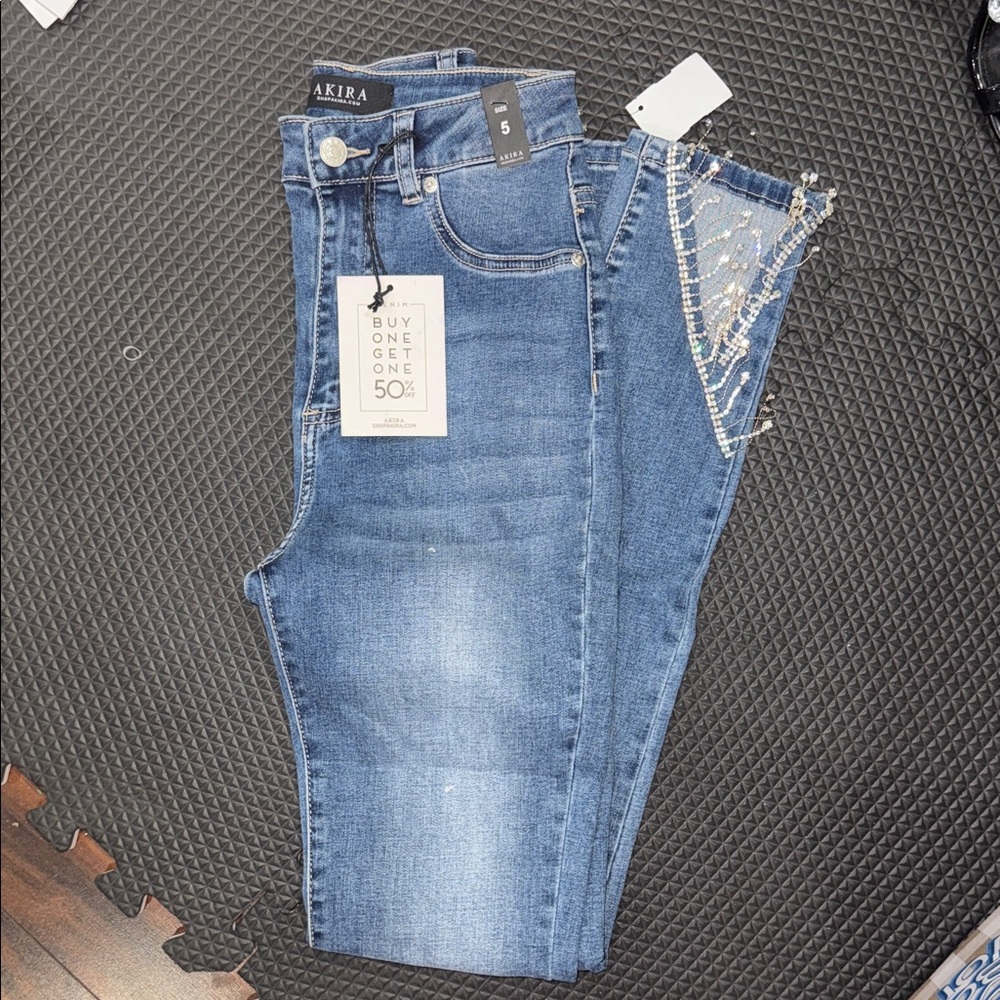 AKIRA Dark Blue Skinny Jeans with Embellished Detail